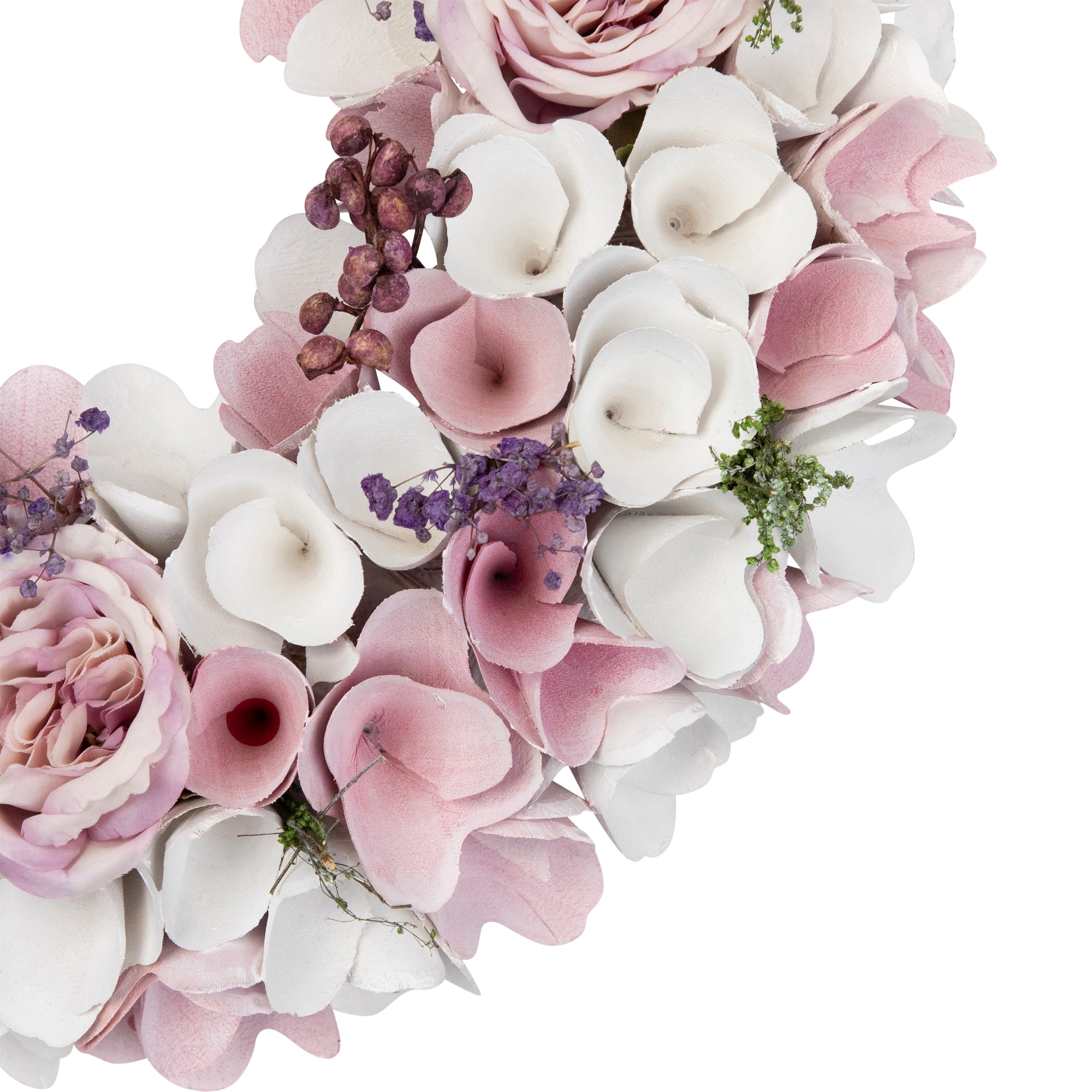 13.5" Pink & White Wooden Floral Spring Artificial Wreath with Berries